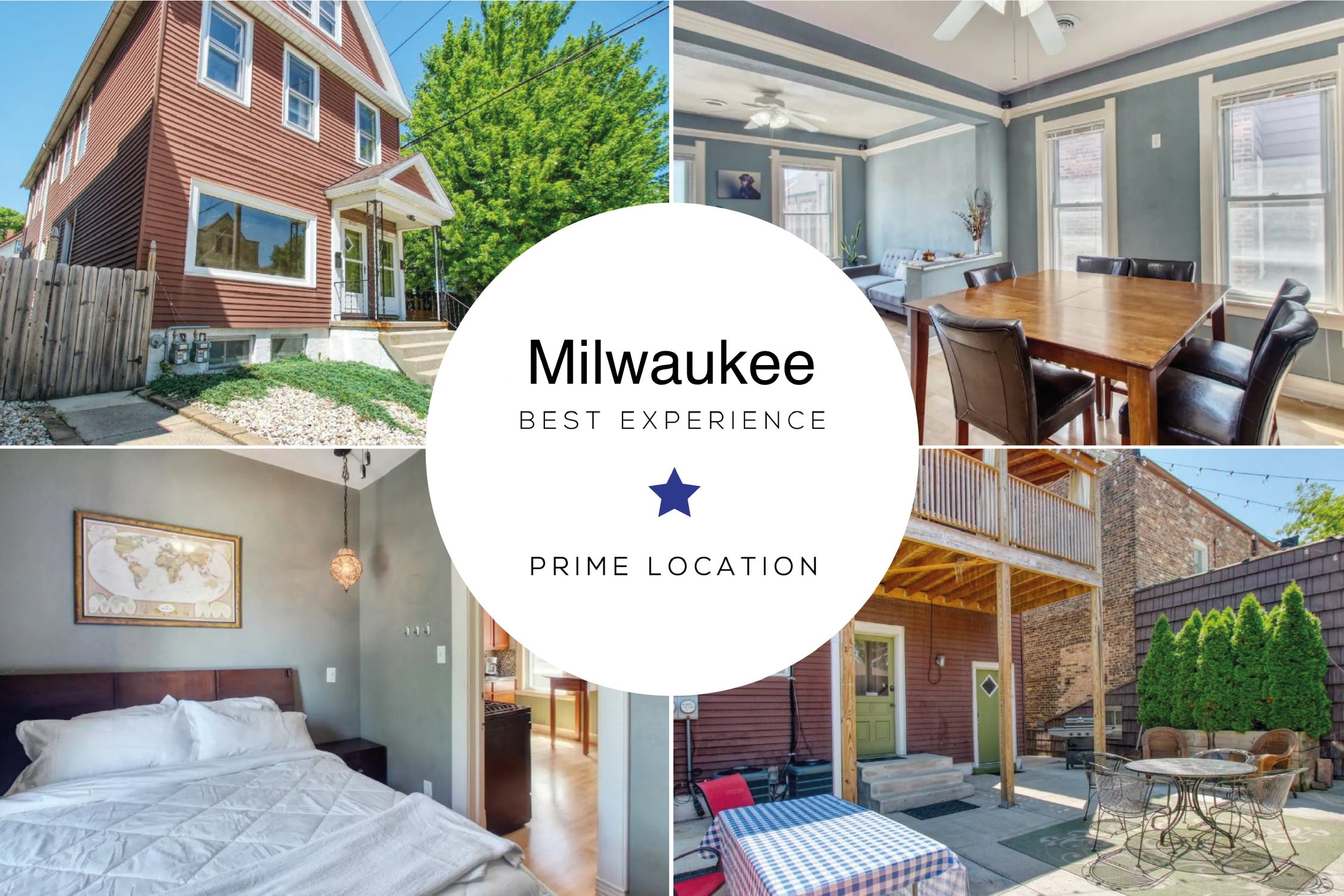 Sunny Multi Family — exterior, dining room, bedroom, and patio collage
